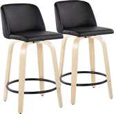 Toriano 24" Swivel Counter Stool in Natural Wood & Black Leatherette with Black Footrest (Set of 2)